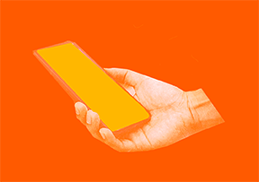 Ilustración en color naranja y amarillo de mano sosteniendo un teléfono.