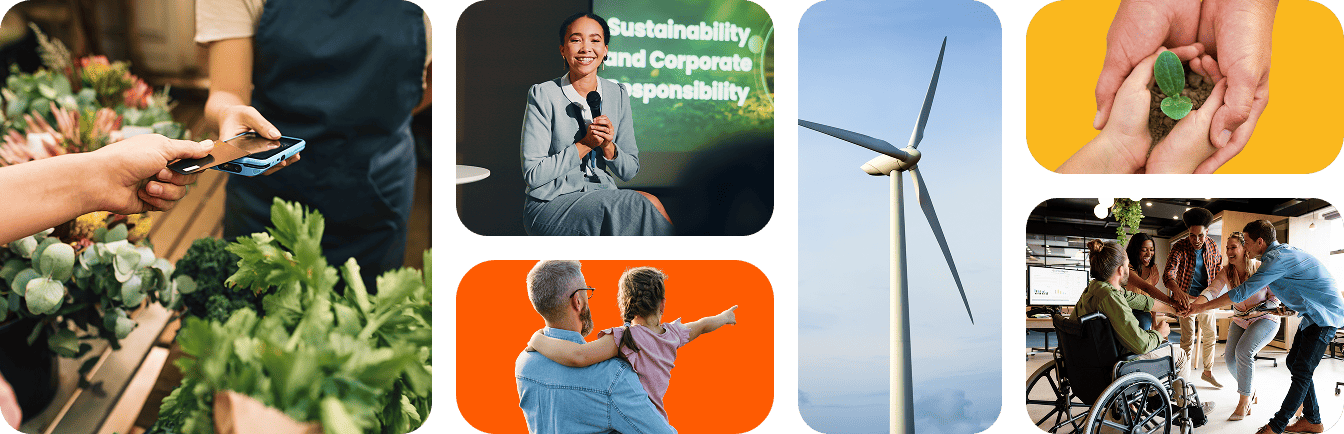 Conjunto de imágenes que representan distintos ámbitos de la sostenibilidad, tales como concienciación, economía sostenible y medio ambiente.