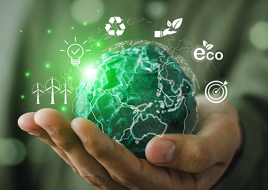 Fondo de vegetación, seis círculos sobre conceptos de: Medioambiente, Acción Social y Gobernanza