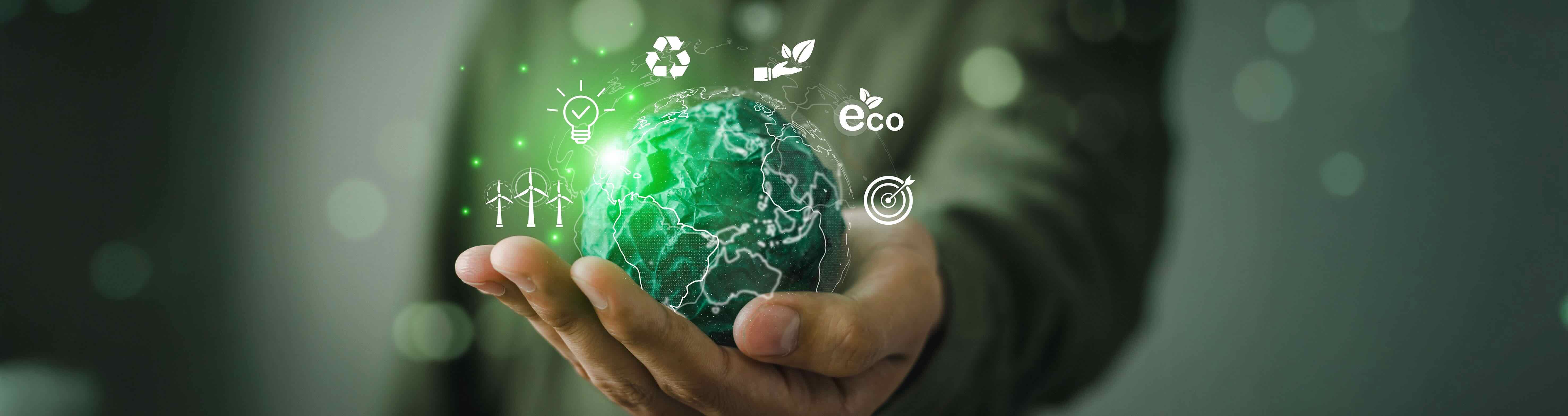 Fondo de vegetación, seis círculos sobre conceptos de: Medioambiente, Acción Social y Gobernanza